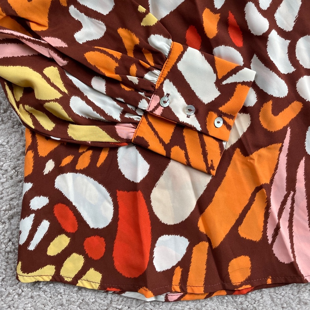 JODIFL Butterfly Brown Orange Colorful High Neck Long Sleeve Blouse Size Medium - Picture 6 of 10